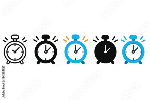 Diverse Timer Designs. Timer Clock Trigger first in line style with thin outline, second in solid style filled shape, third in