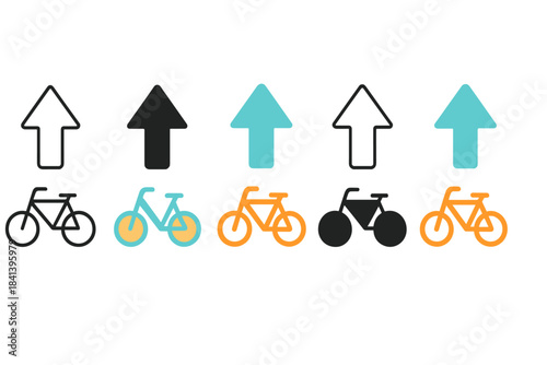 Bicycle Lane Arrows. Bicycle Lane Arrow first in line style with thin outline, second in solid style filled shape, third in flat