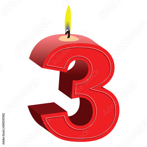 Red Number 3 Candle with Flame – Birthday Celebration Vector for Age Milestones and Party Decor