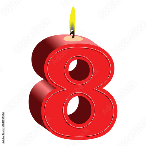 Red Number 8 Candle with Flame – Birthday Celebration Vector for Age Milestones and Party Decor
