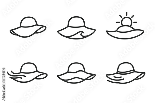 Summer Shore Hat Icons. Line style vector icons of summer shore hat concepts: curved brim fold, neat crown contour, coastal wave