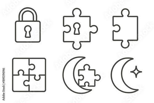 Moon Puzzle Security Icons. Line style vector icons of puzzle-bound moon security: clean lock case, neat key portal, puzzle bridge