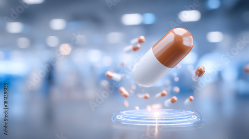 A futuristic capsule hovers in a high-tech environment, symbolizing innovation in medicine and the future of healthcare.