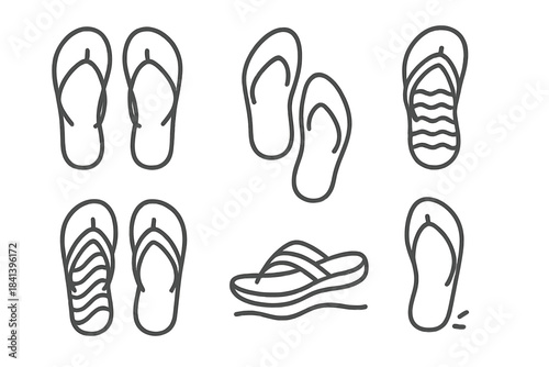 Seaside Footwear Icons. Line style vector icons of seaside open footwear: breezy strap pair, shallow footprint, sandy ridge flow,