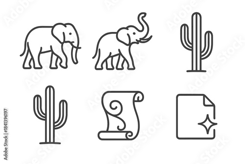 Elephant and Cactus Lines. Line style vector icons of elephantine cactus scriptline: elephant stance, lifted trunk line, slender