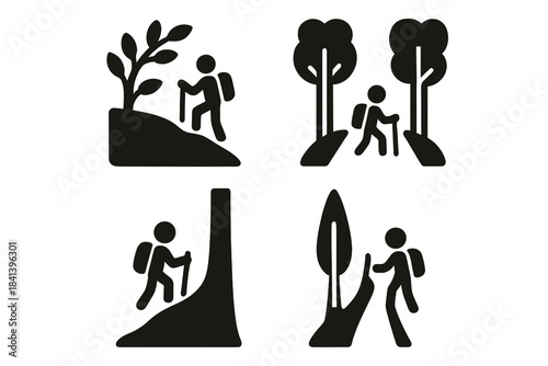 Nature's Path Icons. Icons for: a branch-led ascent of a small wanderer, a wood-line path for a compact traveler, a narrow trunk