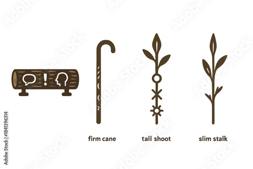 Symbolic Carved Rods. Icons for: a wooden rod holding carved communication, a firm cane bearing etched hints, a tall shoot