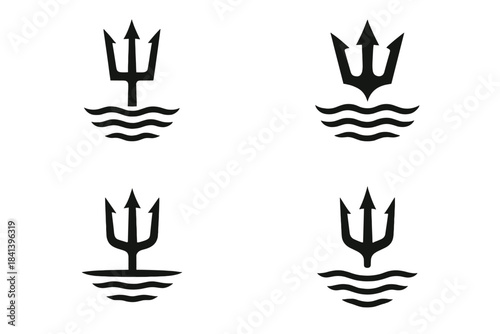 Trident over Calm Waters. Icons for: a trident rising above a silent wake, a three-tip crest over calm ripples, a pointed emblem