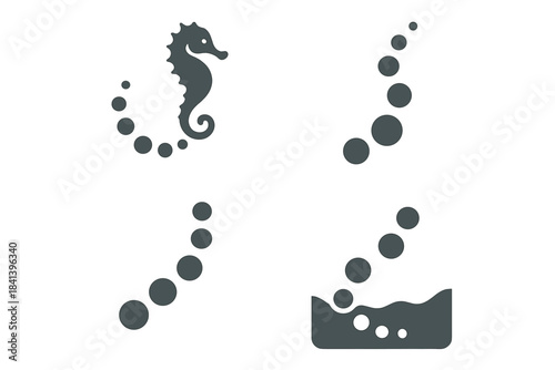 Underwater Bubble Trail. Icons for: a bubble chain tracing a seahorse path, rising spheres marking a drifting route, floating orbs