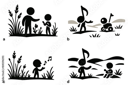 Serenade in the Meadow. Icons for: a meadow hum guiding a small performer, grasswide echoes steering a delicate rover, open-field