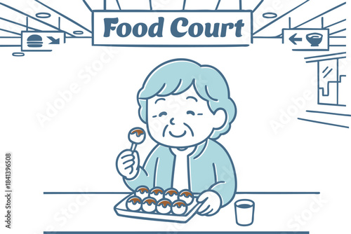 フードコートでたこ焼きを楽しむおばあちゃん
Grandma enjoying takoyaki at the food court