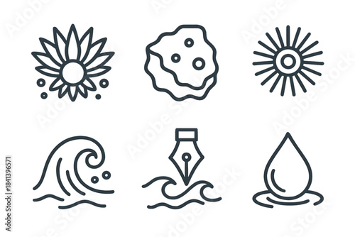 Spiky Reef Icons. Line vector icons of Spiky Reef Bloom: spiky bloom, reef chip, gentle purple hue, wave nib, foam point, water
