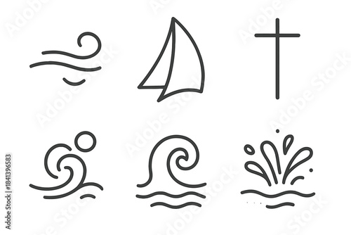 Sailing Breeze Icons. Line vector icons of Sailing Breeze Motion: breeze swoop, sail rise, mast silhouette, bubble tip, ripple