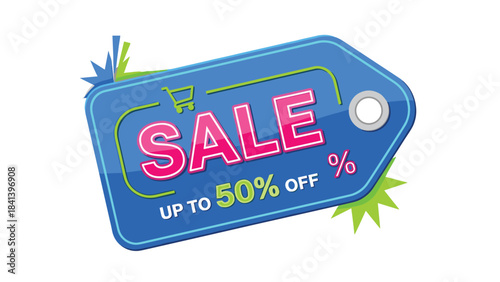 Colorful sale tag with up to 50 percent off discount on