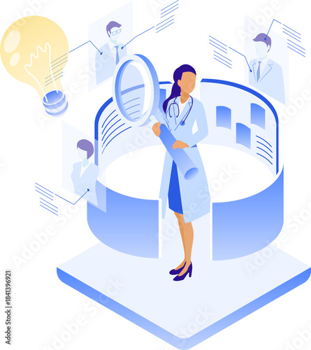 医療DXの情報を調査する女性医師のアイソメイラスト