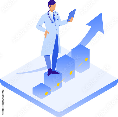 成長データを確認する男性医師のアイソメイラスト