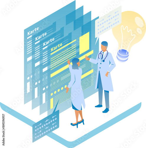 電子カルテDXで業務改善する医師とスタッフのアイソメイラスト