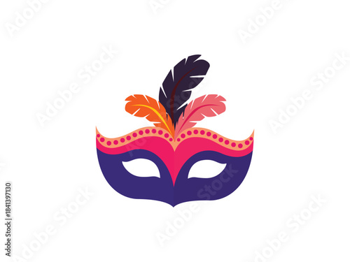 Decorative Venetian mask vector illustration with colorful feathers, traditional Italian Carnevale costume accessory, elegant masquerade design for festival, celebration, culture and party art
