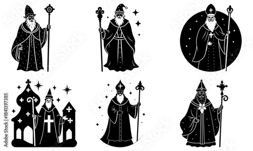 Five Clergy Figures in Robes with Staffs on White Background religious figures bishops