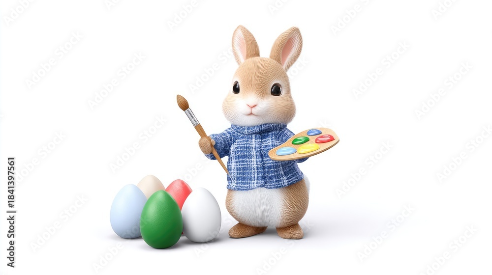Fototapeta premium Adorable Bunny Painting Colorful Eggs for Easter Celebration in a Joyful and Playful Scene with Art Supplies and Soft Colors