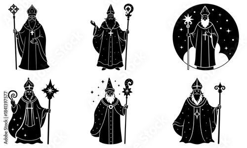 Five Black and White Silhouettes of Bearded Figures with Staffs and Star Symbols on White Background