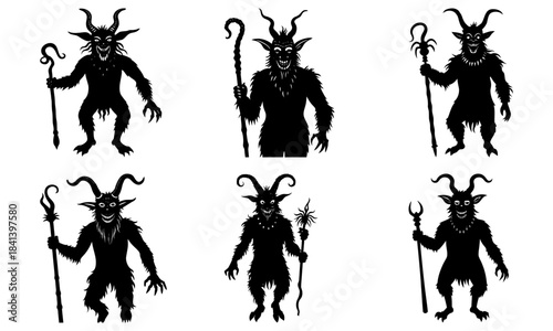 Six Krampus Figures with Sticks on White Background demon folklore