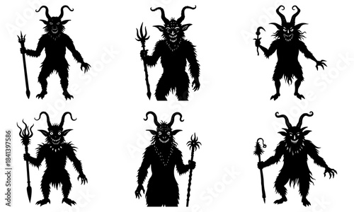 Six Krampus Silhouettes with Horns and Sticks on White Background demonic