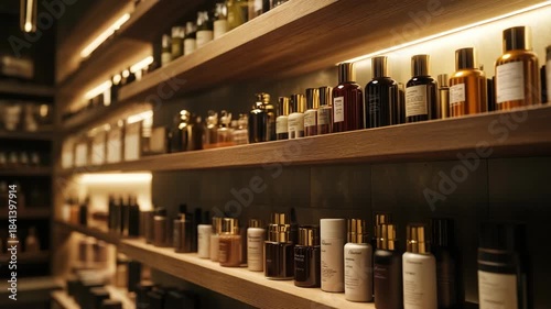 Dark wooden shelves filled with elegant skincare cosmetic bottles in warm glowing light, luxury spa wellness atmosphere, stylish packaging design, beauty products for retail, branding, advertising