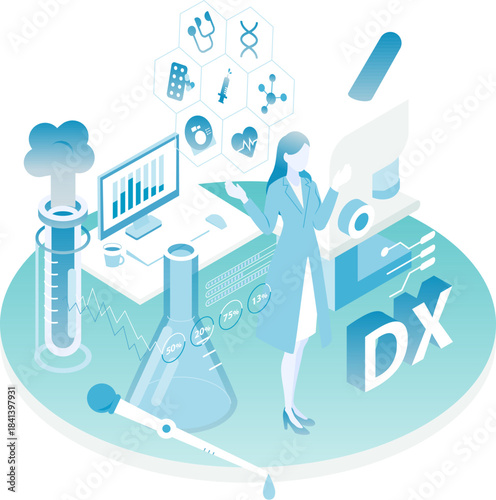 医療DXと研究データを扱う女性医師のアイソメイラスト(Color variation)