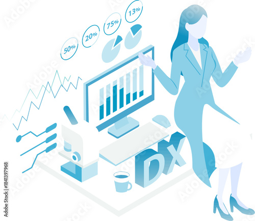 医療DXのデータを分析する女性医師のアイソメイラスト(Color variation)