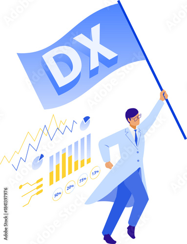DXの旗を掲げて走る男性医師のアイソメイラスト
