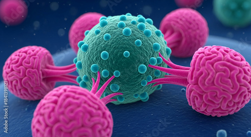 Close-up of green spherical body with blue protrusions surrounded by pink brain-shaped objects on blue surface, depicting cellular interaction
