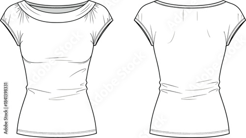Ruched fitted tee technical fashion flat, front and back CAD template, cap sleeve top vector sketch, apparel design illustration, sewing pattern reference