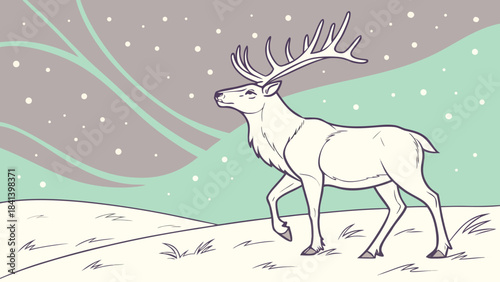 Majestic reindeer walking in snowy landscape with aurora borealis