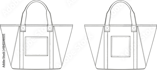 Tote bag technical fashion flat, front and back CAD template with pocket, structured shopper bag vector sketch, accessory design illustration