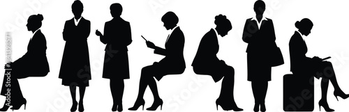 Silhouettes of business people in suits traveling and working together