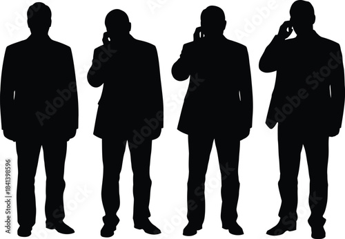 Silhouettes of four businessmen talking on mobile phones in a row