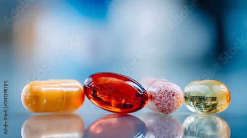 Close-up of assorted dietary supplements showcasing various shapes, sizes, and colors against a blurred background.