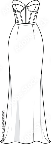 Corset evening gown technical fashion flat, fitted long dress CAD template, formalwear vector sketch, apparel design illustration, sewing pattern reference