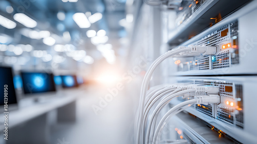 Close-up of server connections in a modern data center, showcasing technology and networking infrastructure.