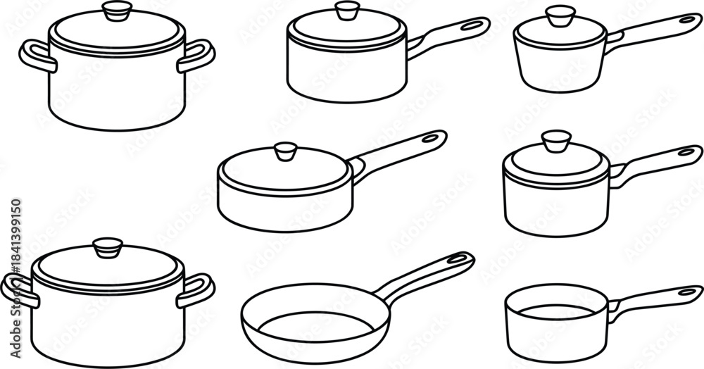 Obraz premium Collection of outline drawings of various cooking pots and pans on a white background kitchen cookware