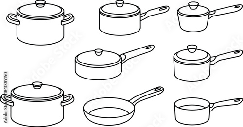 Collection of outline drawings of various cooking pots and pans on a white background kitchen cookware