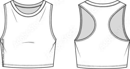 Cropped tank top technical fashion flat, front and back CAD template, activewear sleeveless vector sketch, apparel design illustration, sewing pattern reference