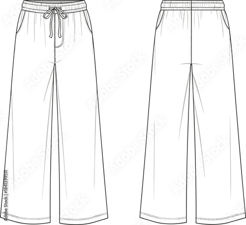 Wide leg lounge pants technical fashion flat, front and back CAD template, relaxed trousers vector sketch, apparel design illustration, sewing pattern reference