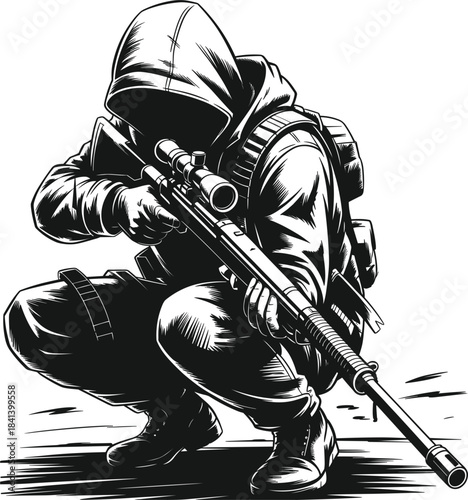 Crouching Sniper Soldier In Hooded Jacket Holding Rifle With Scope On White Background military weapon