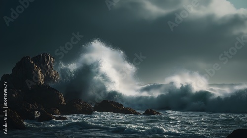 Fototapeta Naklejka Na Ścianę i Meble -  Powerful ocean waves crashing on rocks, dramatic seascape