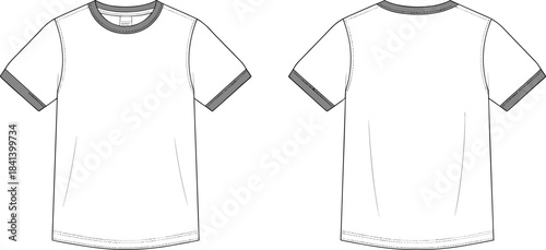 T-shirt technical fashion flat, front and back CAD template, contrast trim tee vector sketch, apparel design illustration, sewing pattern reference