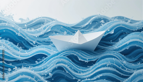 A paper boat sails on blue and white stylized striped waves. 