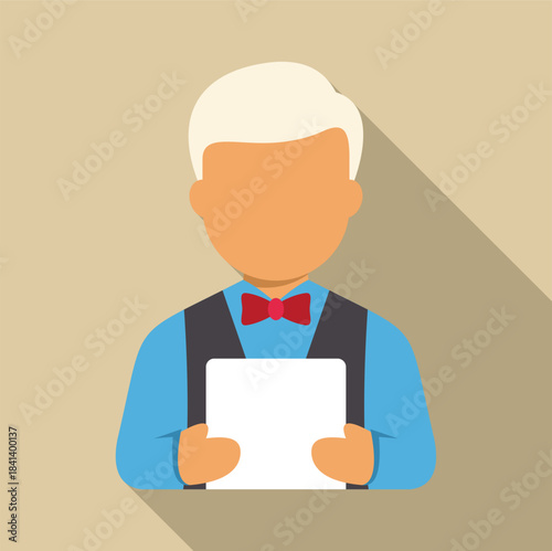 Restaurant waiter character providing hospitality service holding a blank menu board