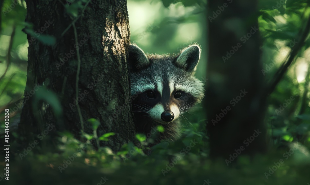 Naklejka premium Adorable raccoon peeking out from behind a tree in a dense forest, soft natural light highlighting its fur and curious expression